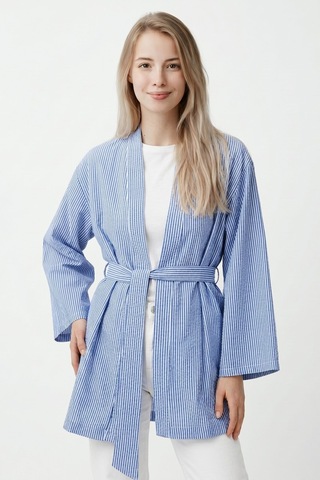 Saade Sââde Kadın Dikey Çizgili Geniş Kollu Şık Yazlık Relaxed Kimono Mavi