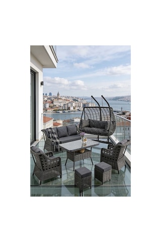 Dora Garden Home Ecem 7 Kişilik Rattan Bahçe Mobilyası Ve 2 Kişilik Rattan Salıncak Seti-antrasit