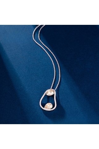 Zirkon Taşlı Damla Detaylı Asimetrik Platin Kaplama Kadın Kolye Silver