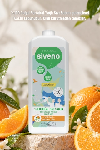 Siveno %100 Doğal Sıvı Kastil Sabun Portakal Yağlı Tazeleyici Nemlendirici Bitkisel Vegan 1 L