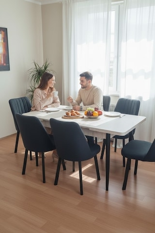 Efe Mobilya T-6030 Traverten Açılır 80x130 Kare Gold Antrasit Sandalye 6 Kişilik Yemek Masası Takımı