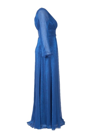 Explosion Metalik Maxi Abiye Elbise - V Yaka, Uzun Kollu, Şifon Saks