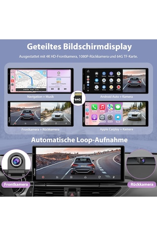 Carpurıde Kablosuz Carplay Ve Araç Kameralı Android Auto - 10,26" Hd Ips Araç Dokunmatik Ekranı, 4k Ön Ve 1080p Arka Kamera, Döngü Kayıt, Bluetooth Ses, Ayna Bağlantısı, Gps, Siri