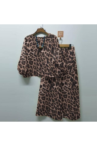 Zanzea Kadın Bluz Ve Pantolon Günlük Leopar Baskılı İki Parça Takım Elbise Haki
