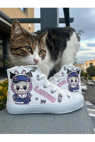 Scarpe Magiche Kız Çocuk Labubu Baskılı Günlük Spor Ayakkabı Sevimli Karakter Desenli Beyaz