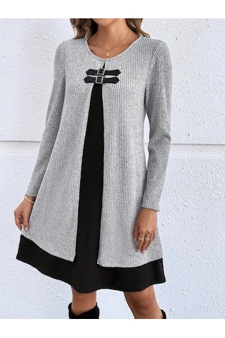 Ge Ticaret Kadın Uzun Kollu Önü Tokalı Şardonlu Kaşkorse Iç Kısmı Viskon Midi Elbise Ikili Takım Siyah