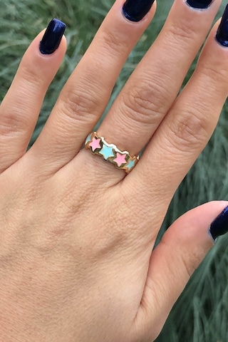 Niki Aksesuar Mineli Pembe-mint Yeşili Yıldızlı Ayarlanabilir Altın Yüzük Pembe - Mint Yeşili