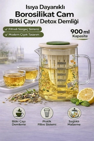 Isıya Dayanıklı Borosilikat Cam Bitki Çayı Ve Detox Demliği,süzgeçli,ölçekli,kulplu Sürahi,900 Ml Diğer