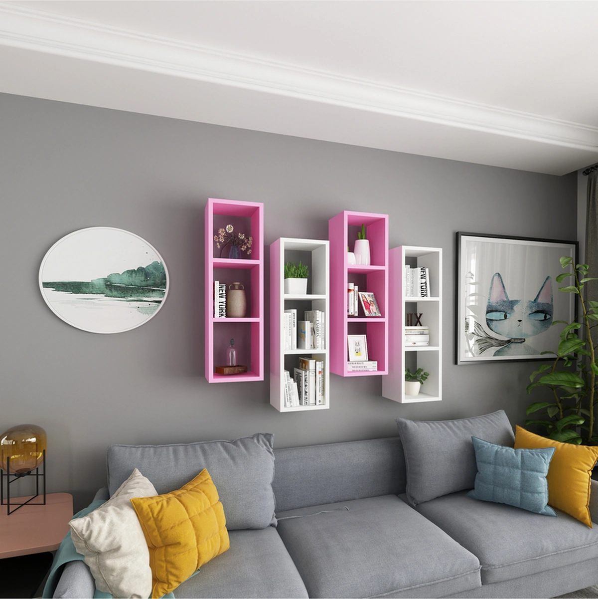Duvar Rafı Kitaplık Ofis Beyaz Pembe 4 Lü Karışık Takım Beyaz Pembe
