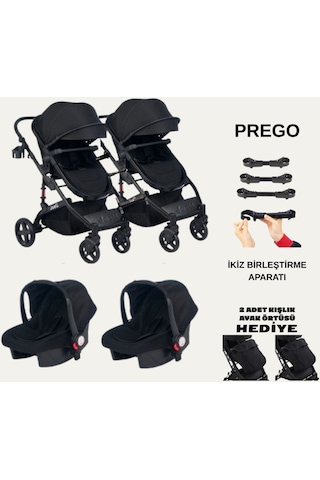 İkiz Yan Yana Ayrılıp Birleşebilen Travel Sistem Çift Yönlü Bebek Arabası Puset Birleştirme Aparatlı Siyah