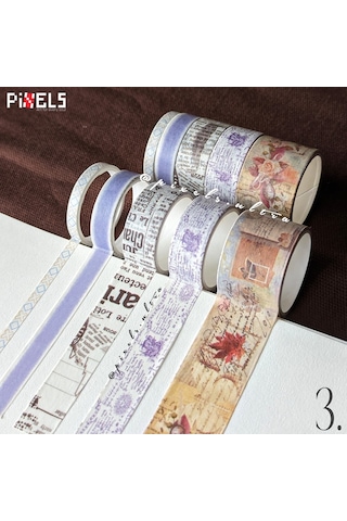 Vintage Washi Tape Bant Baskılı Yapışkanlı Maskeleme Kağıdı 45f Desenli Bant 10'lu - Mor El Yazılı 1