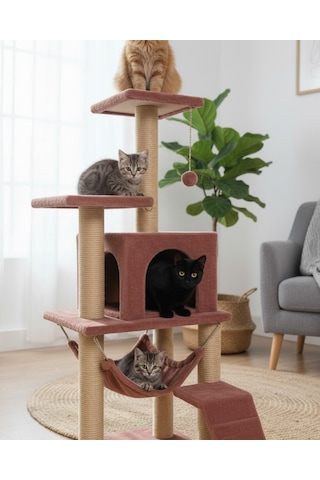 Reyo Pet B-07 Hamaklı Yuvalı Lüx Kedi Tırmalama Oyun Evi Gül Kurusu