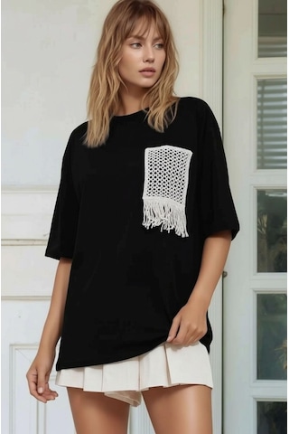 Mamayaga Kadın Bisiklet Yaka Yarım Kol Basic Pamuk Düz Cep Örgü Curve Büyük Beden Tshirt Siyah 54 - 56