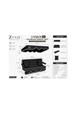 Zishome 2 Kişilik Bahçe Balkon Salıncağı Tekstil Seti 140x45x8 Cm Minder Ölçüsü Oturak Sırt Minderi Ve Tente Takımı Antrasit, Metal İskelet Dahil Değildir