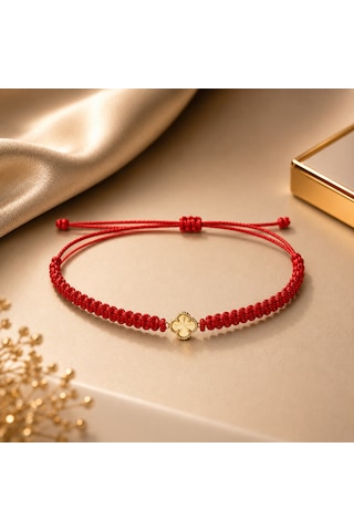 Seven Kuyumculuk 14 Ayar Altın Van Cleef Model Şans Yoncası Makrome Bileklik Kırmızı