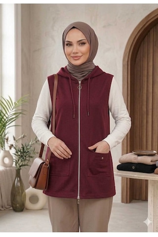 Peka Kadın Kapüşonlu Tesettür Uzun Tunik Yelek Fermuarlı Cepli Pamuklu Kumaş Bordo Bordo