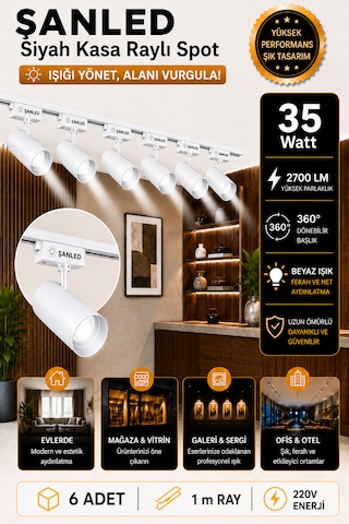 Led Beyaz Kasa Beyaz Işık 35w Raylı Spot / 6 Adet 1 Metre Ray