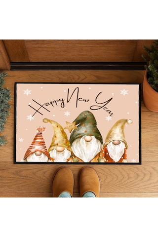 New Year Cüceler Mutlu Yıllar Kapı Önü Paspası 60x40 Cm Paspas Çok Renkli