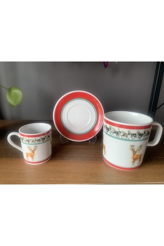 Yeni Yıl-noel Geyik Model 6 Parça 2 Kişilik Kupa Ve Türk Kahvesi Fincanı Takımı Çok Renkli