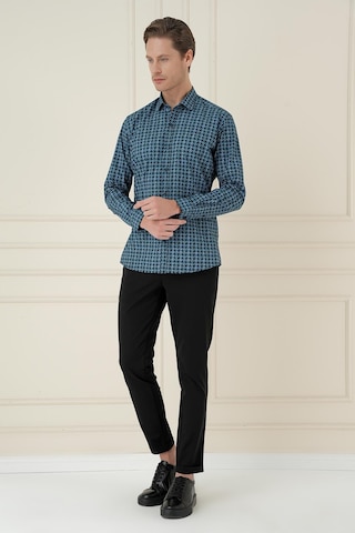 Efor Slim Fit Kazayağı Desenli %100 Pamuk Casual Mavi Gömlek G 1585 Mavi