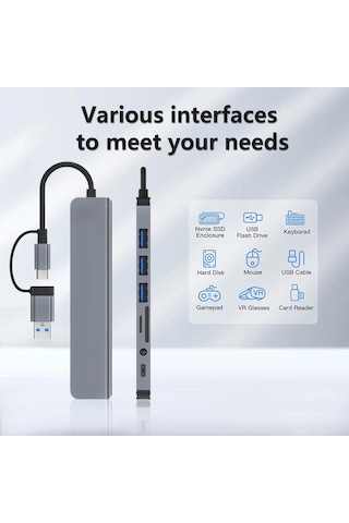 Apera MT96 OTG Kablolu Çoklayıcı Type-C USB Girişli 8in1 Adaptör Hub Çoğaltıcı Kart Okuyucu Aux