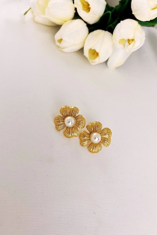 Çizgili Çiçek Gold Küpe Çok Renkli