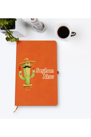 Kişiye Özel Kaktüs Tasarımlı Turuncu Termo Deri Defter Model 7