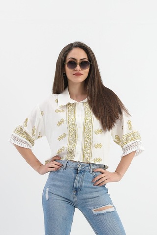 Antik Desenli Kolları Püsküllü Gömlek - Haki-haki Haki