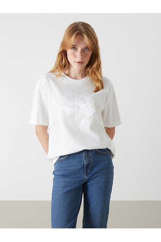Lcw Vision Beyaz Çiçekli Oversize %100 Pamuklu Kadın Tişört