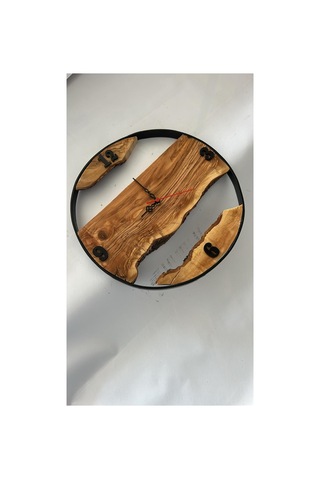 38 Cm El İşçiliği Doğal Zeytin Ağacı Ve Metal Tasarım Duvar Saati Kahverengi