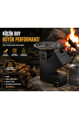 Roket Soba, Rocket Stove 27x21x9,5 Kamp Ocağı, Odun Veya Pelet Kolay Yakıt Besleme Kapağı Ve 800 Derece Isıya Dayanıklı 2 Mm Çelik Üretim Siyah