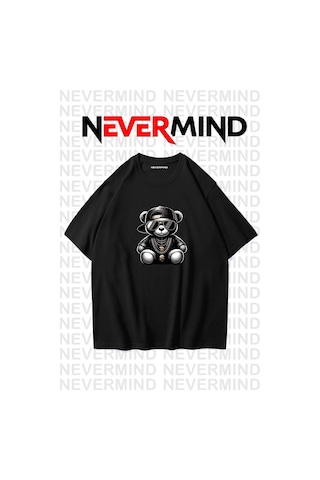 Nevermind Erkek Oversize Siyah Tişört Hip Hop Ayı Baskılı, Sokak Modası S Siyah