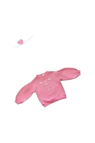 Kız Çocuk Kalın Kalp Detaylı İçi Şardonlu Sweatshirt-14668 Pembe
