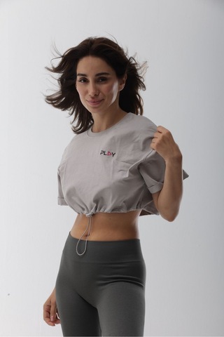 Crop Gri Kısa Belden Lastikli Tişört Gri