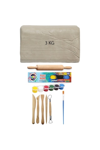 Beyaz Seramik Hamuru 3 Kg Kil Ebeşuar Seti 6x15 Ml Guaj Merdane