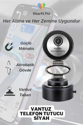 Wearfitpro Magsafe Özellikli Güçlü Mıknatıslı Vantuz Telefon Tutucu Ev Araç Her Zemine Uygun Telefon Tutucu Siyah
