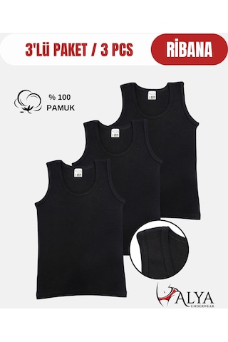 Alya Underwear Erkek Çocuk Pamuk Ribana Atlet Oval Yaka 3'lü Paket Siyah-t10