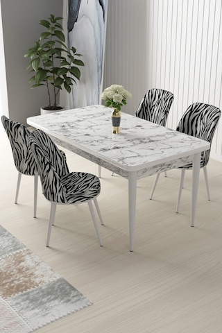Canisa Concept Nil Serisi 70x110 Sabit Mutfak Masası Takımı Beyaz Mermer Desen Masa 4 Zebra Desen Sandalye Beyaz Masa Zebra Desenn Sandalyeler