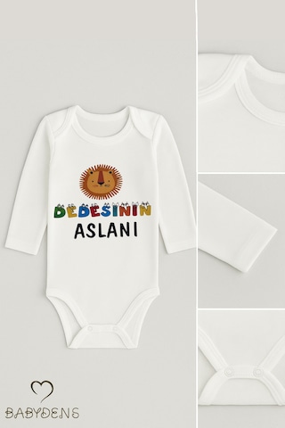Babyden's Dedesinin Aslanı Yazılı Uzun Kollu Bebek Zıbını %100 Pamuk Çıtçıtlı Body Beyaz
