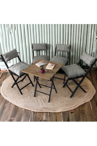 Modern Style Home Minderli Balkon Bahçe Mutfak Bistro Set Katlanır 4+1 Masa-sandalye Açık Gri