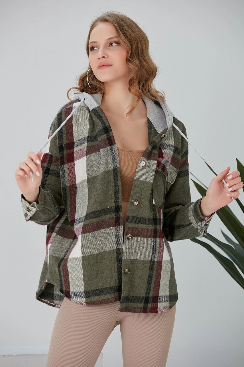 Pikka Online Kadın Çok Renkli Haki Oduncu Oversize Kapüşonlu Ceket Gömlek Haki