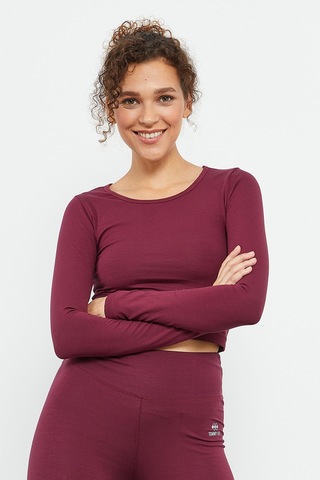 Tommy Life Bordo Uzun Kollu Dar Kalıp O Yaka Kadın Crop Top T-shirt - 97150 Bordo