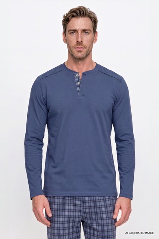 AC&Co / Altınyıldız Classics Erkek Indıgo %100 Pamuk Standart Fit Hakim Yaka Desenli Cepli Pijama Takımı İndigo