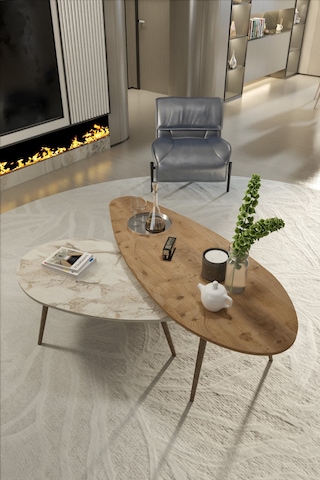 Reyo Falez Modern Orta Sehpa Seti - 2'li Ahşap Ayaklı Salon Ve Oturma Odası Sehpa Takımı Ceviz Efes