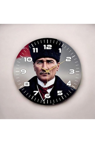 Renkli Baskı Atatürk Desenli Sayılı Hediyelik Ahşap Sessiz Duvar Saati 50cm ÇOk Renkli