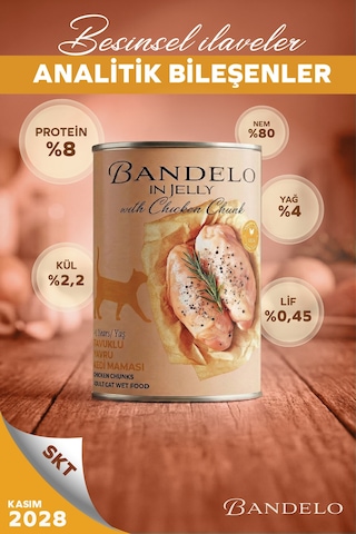 Tavuklu Yetişkin Yaş Konserve Kedi Maması - %100 Hayvansal Protein Jöleli Parça Etli, 400gr X 12 Adet