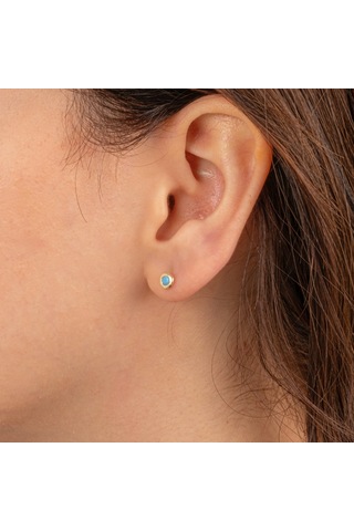 Altın Küpe - 14 Ayar Altın Minimal Firuze Turkuaz Taşlı Küpe Sarı