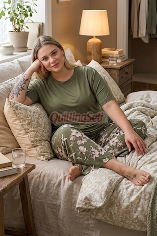 Lady Haki Yeşil Renk, Çiçek Desenli 10740 Pamuklu Büyük Beden Kapri Anne Pijama Takımı