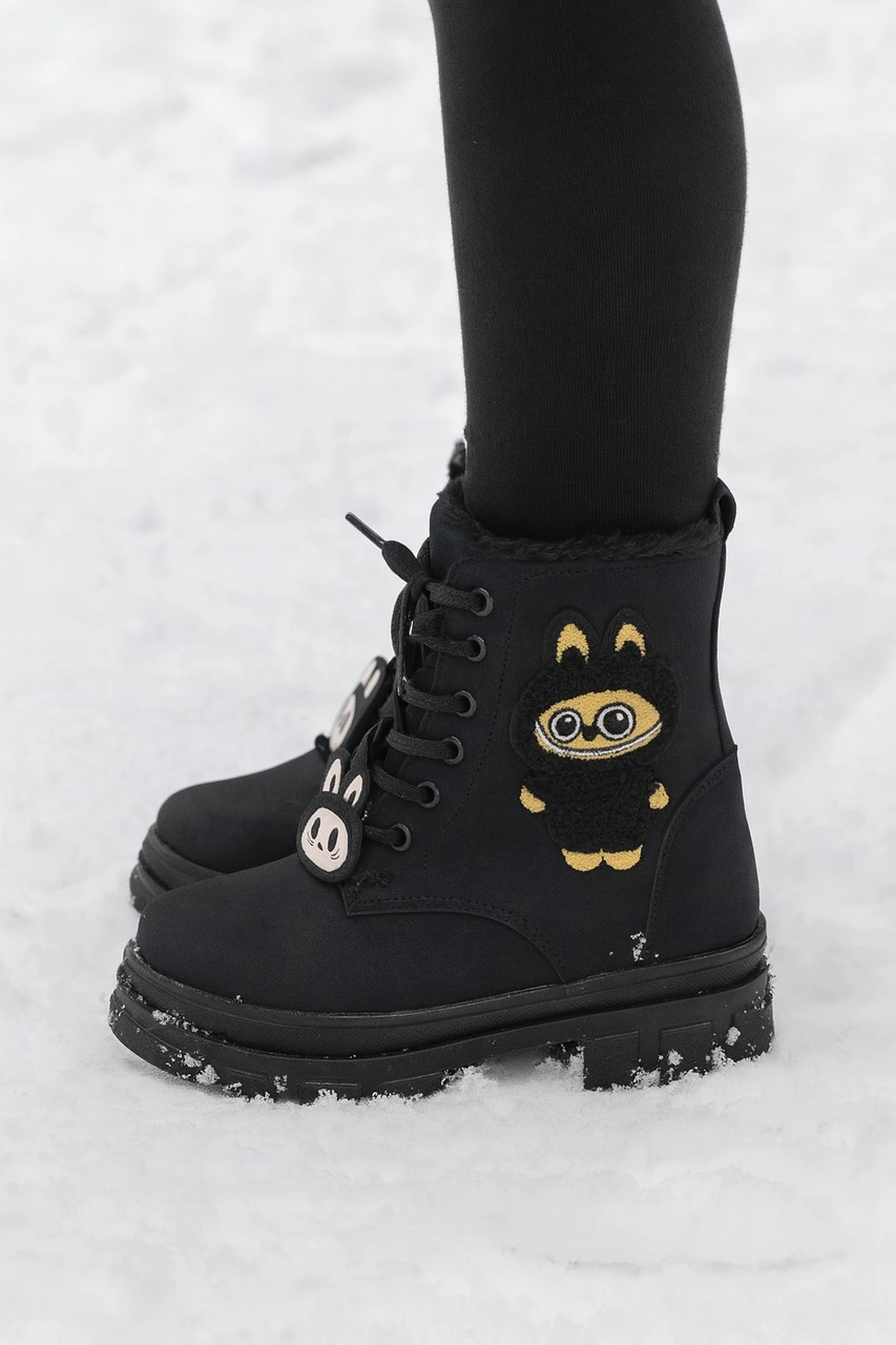 Kız Çocuk Figür Detaylı Fermuarlı Bot Siyah - Siyah