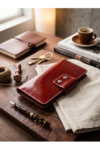 Luna Luster Hakiki Deri Vintage Tasarım Unisex Telefon Bölmeli Seyahat Cüzdanı & Pasaportluk & Portföy Çanta Kızıl Kahve
